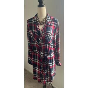 Cupid's Diary Red White Blue Plaid Long Sleeve Tie Button Down Shirt Dress Sz 1X
